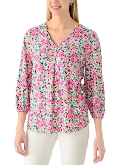 Women's V-Neck Pleat Detail Printed Top