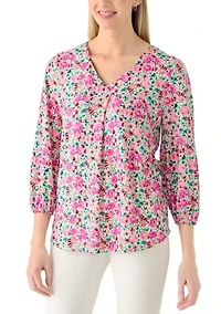 Women's V-Neck Pleat Detail Printed Top