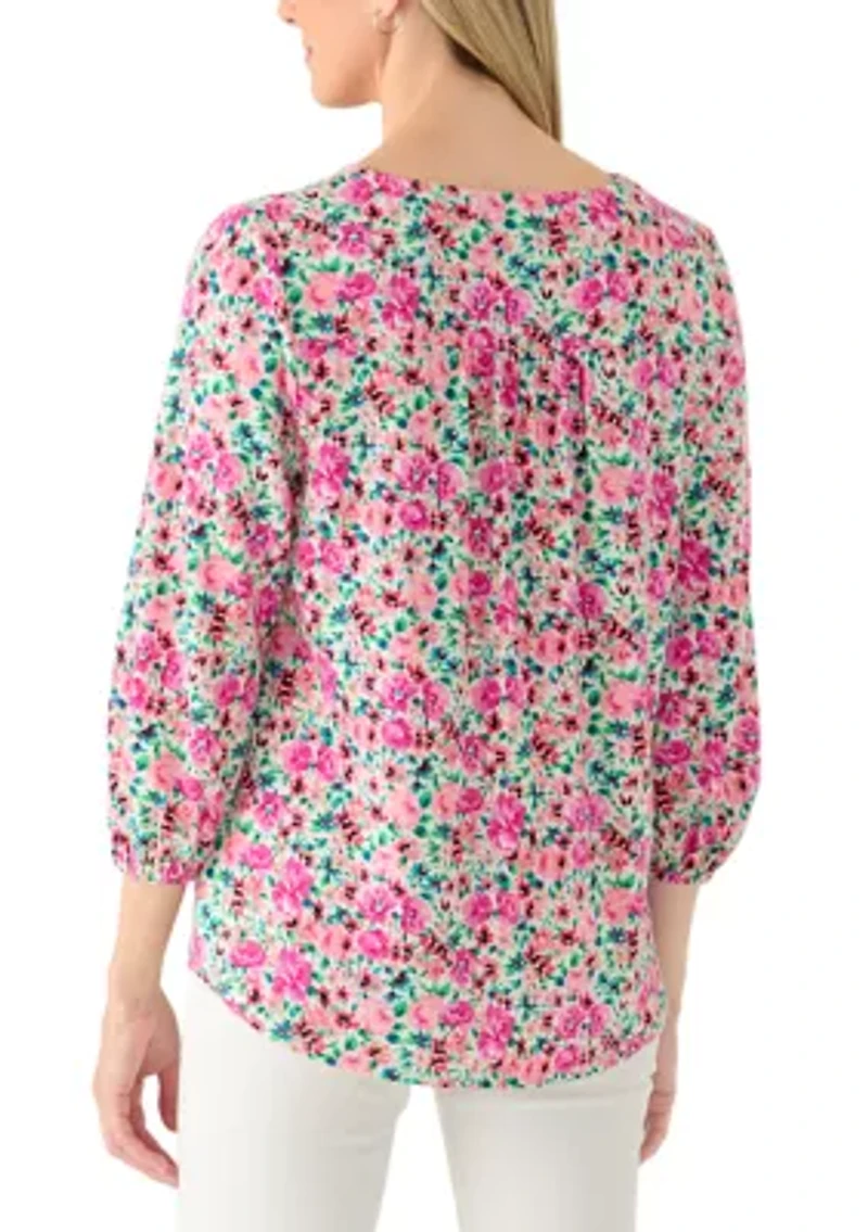 Women's V-Neck Pleat Detail Printed Top