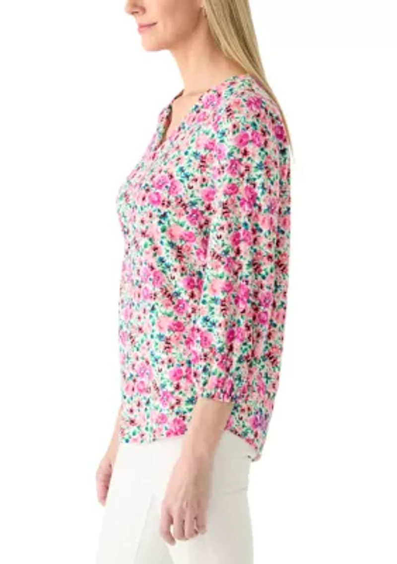 Women's V-Neck Pleat Detail Printed Top