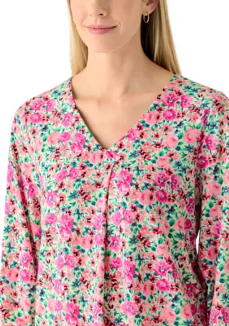 Women's V-Neck Pleat Detail Printed Top