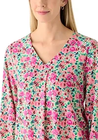 Women's V-Neck Pleat Detail Printed Top