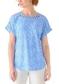 Women's Short Sleeve Lattice Neck T-Shirt