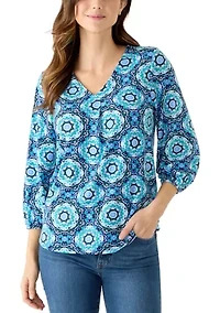 Women's 3/4 Sleeve V-Neck Pleated Print Blouse
