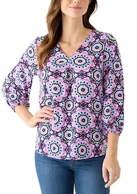 Women's 3/4 Sleeve V-Neck Pleated Print Blouse