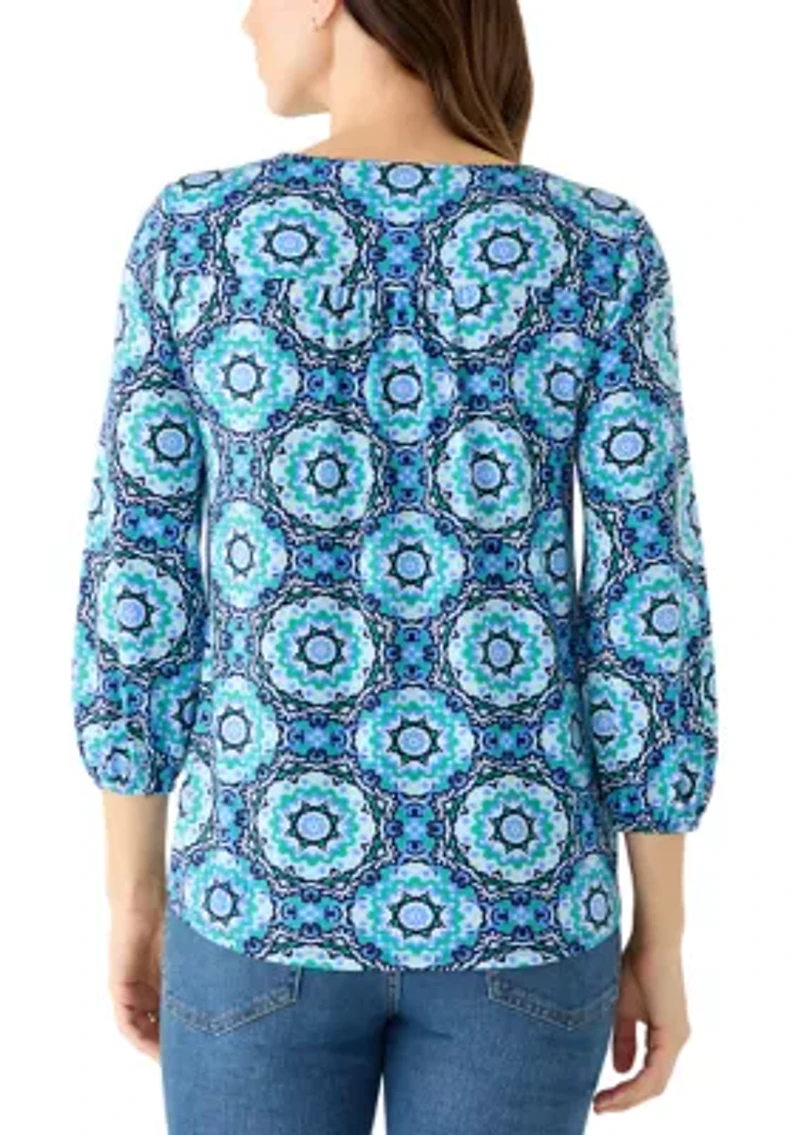 Women's 3/4 Sleeve V-Neck Pleated Print Blouse