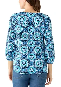 Women's 3/4 Sleeve V-Neck Pleated Print Blouse