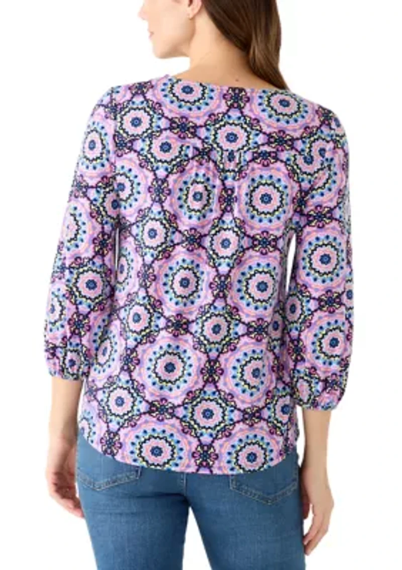 Women's 3/4 Sleeve V-Neck Pleated Print Blouse