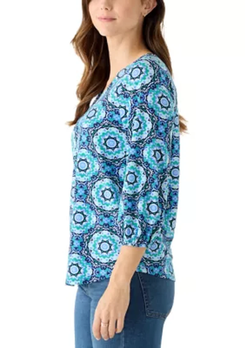Women's 3/4 Sleeve V-Neck Pleated Print Blouse