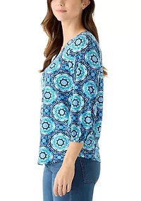 Women's 3/4 Sleeve V-Neck Pleated Print Blouse