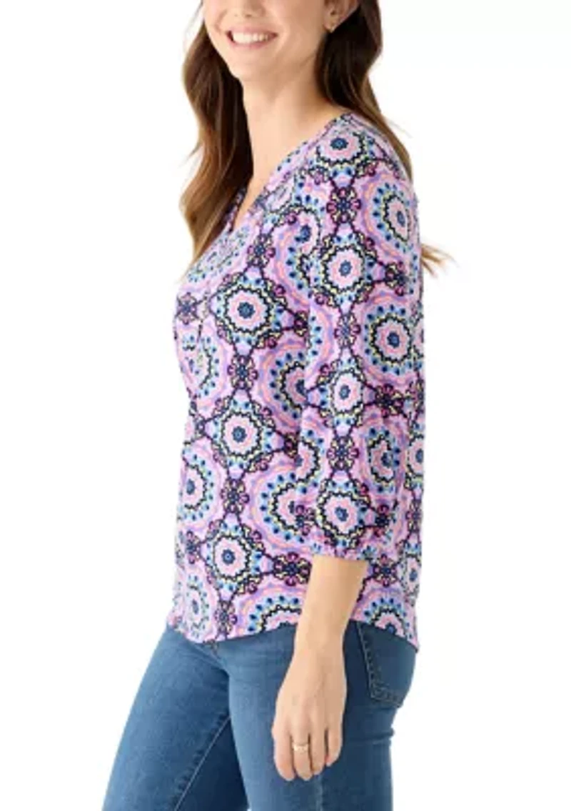 Women's 3/4 Sleeve V-Neck Pleated Print Blouse