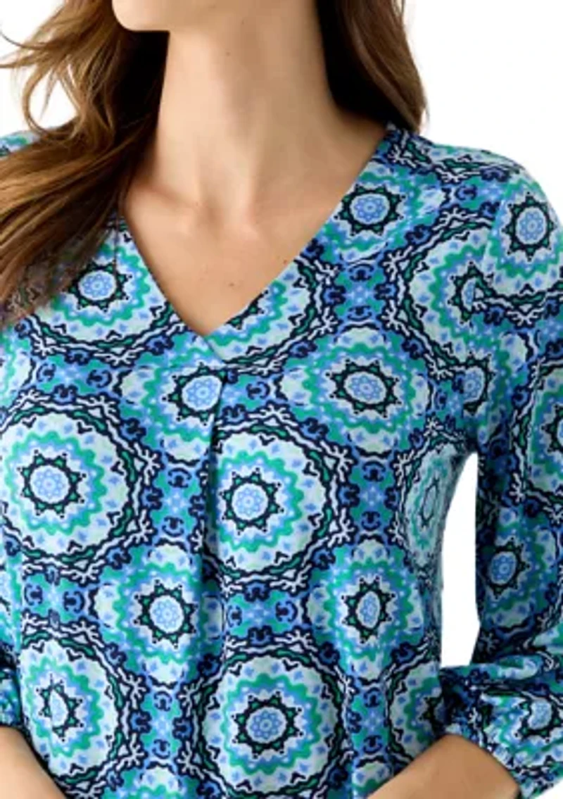 Women's 3/4 Sleeve V-Neck Pleated Print Blouse