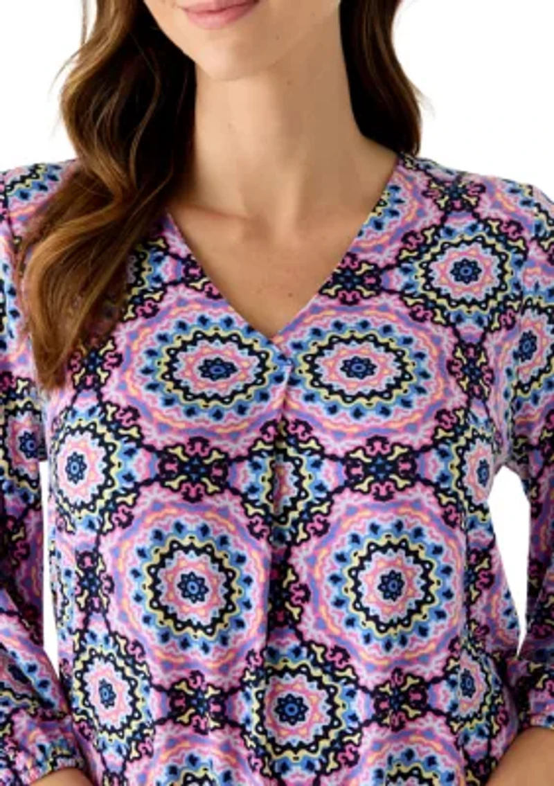 Women's 3/4 Sleeve V-Neck Pleated Print Blouse
