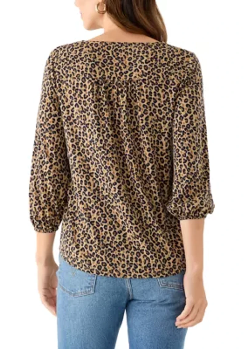 Women's Three-Quarter Sleeve V-Neck Top with Pleats