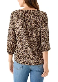 Women's Three-Quarter Sleeve V-Neck Top with Pleats