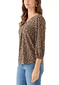 Women's Three-Quarter Sleeve V-Neck Top with Pleats