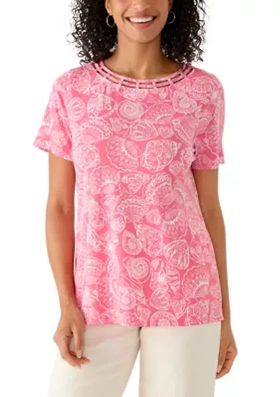 Women's Short Sleeve Neck Detail Printed Top