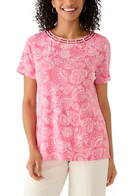 Women's Short Sleeve Neck Detail Printed Top
