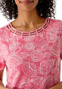 Women's Short Sleeve Neck Detail Printed Top