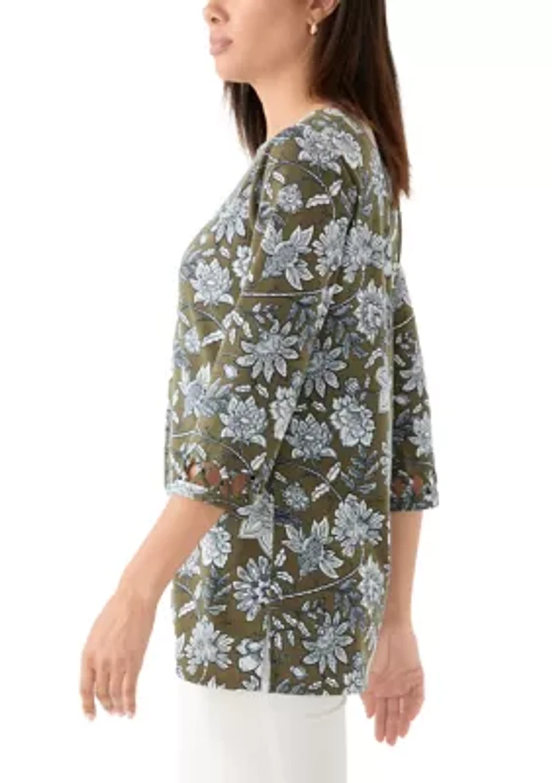 Women's Lattice Cuff Printed T-Shirt