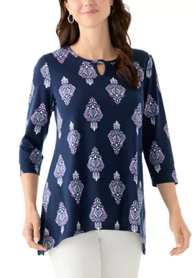 Women's Keyhole Detail Printed A-Line Top