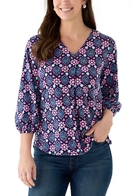 Women's 3/4 V-Neck Pleated Top