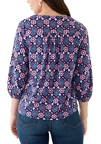 Women's 3/4 V-Neck Pleated Top