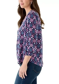 Women's 3/4 V-Neck Pleated Top