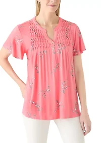 Women's Short Sleeve Honey Comb Printed Henley Top
