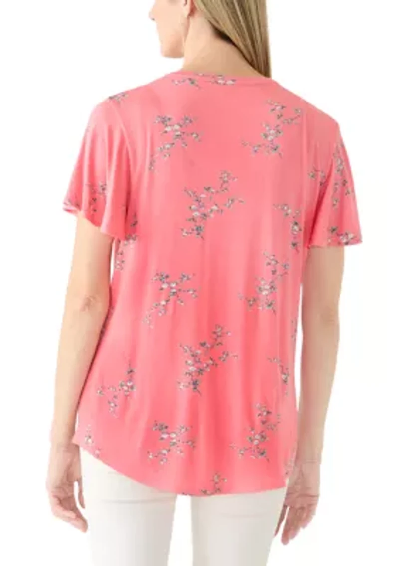 Women's Short Sleeve Honey Comb Printed Henley Top