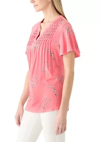 Women's Short Sleeve Honey Comb Printed Henley Top