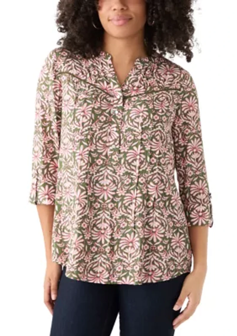 Women's 3/4 Sleeve Printed Henley Top with Trim