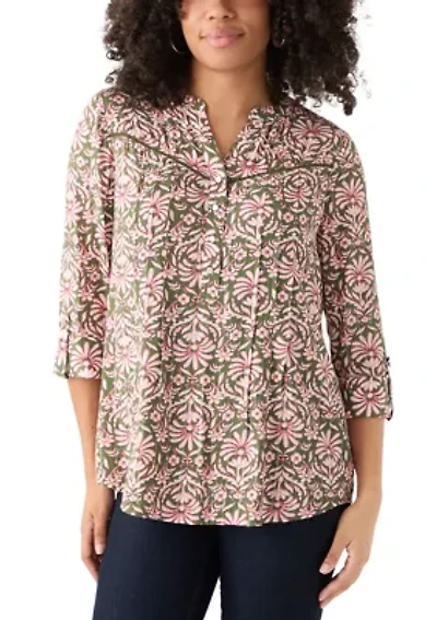Women's 3/4 Sleeve Printed Henley Top with Trim