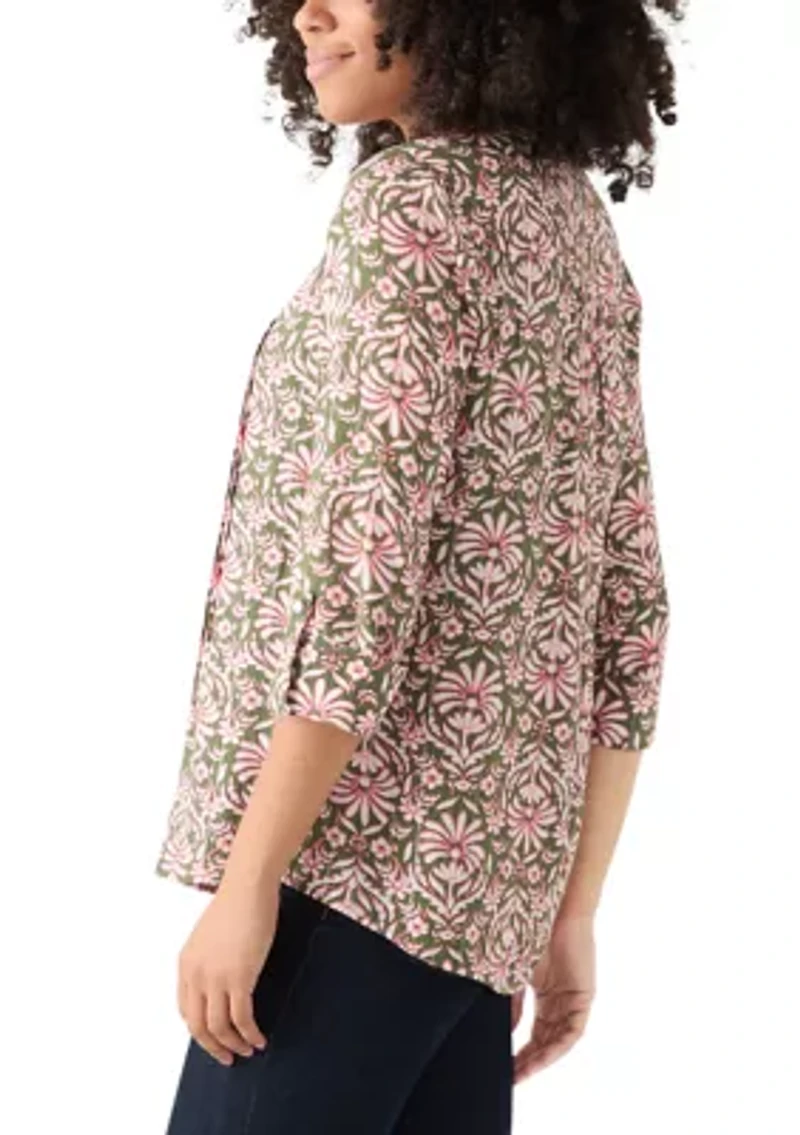 Women's 3/4 Sleeve Printed Henley Top with Trim