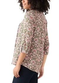 Women's 3/4 Sleeve Printed Henley Top with Trim