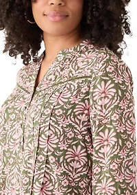 Women's 3/4 Sleeve Printed Henley Top with Trim