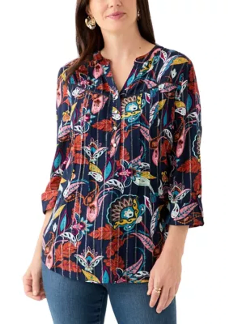 Women's 3/4 Sleeve Printed Henley Shirt