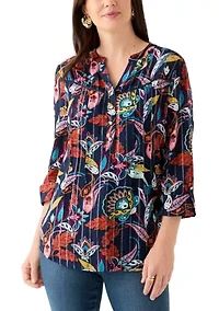 Women's 3/4 Sleeve Printed Henley Shirt