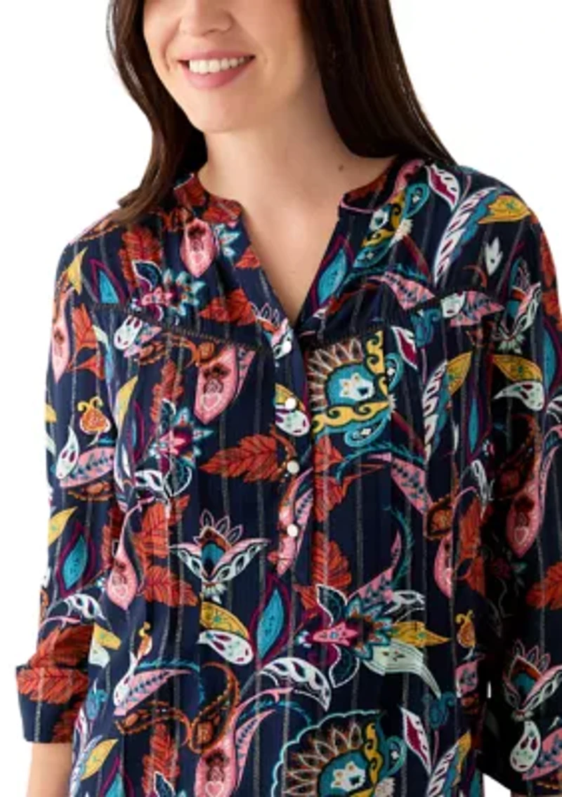 Women's 3/4 Sleeve Printed Henley Shirt
