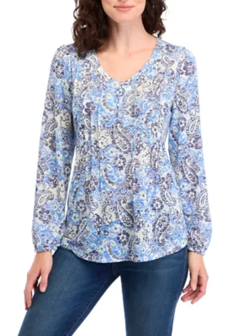 Women's V-Neck Printed Henley Shirt