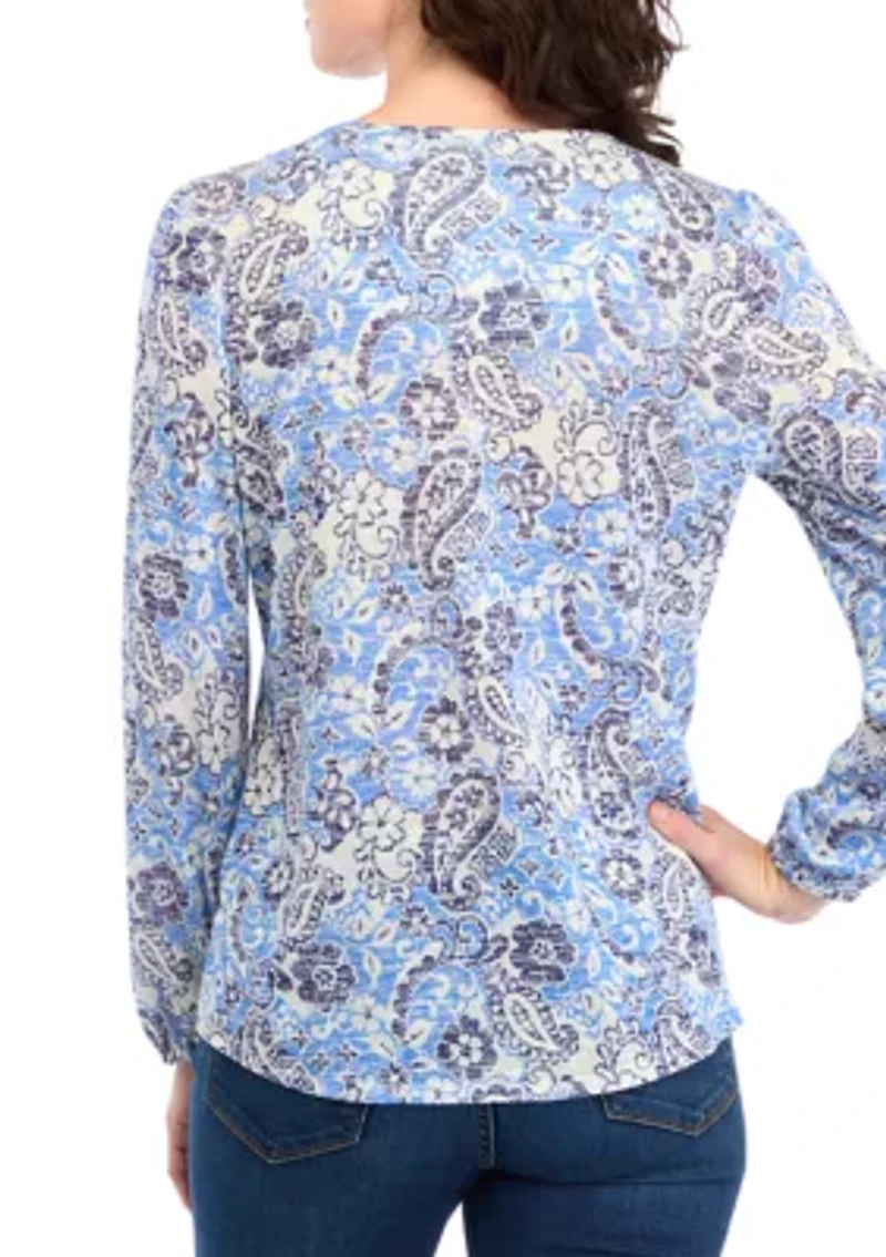 Women's V-Neck Printed Henley Shirt