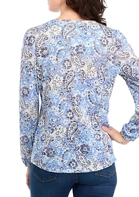 Women's V-Neck Printed Henley Shirt