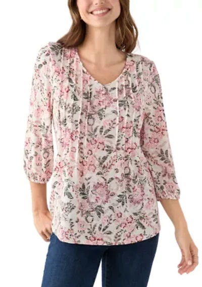 Women's 3/4 Sleeve Printed V-Neck Henley Shirt