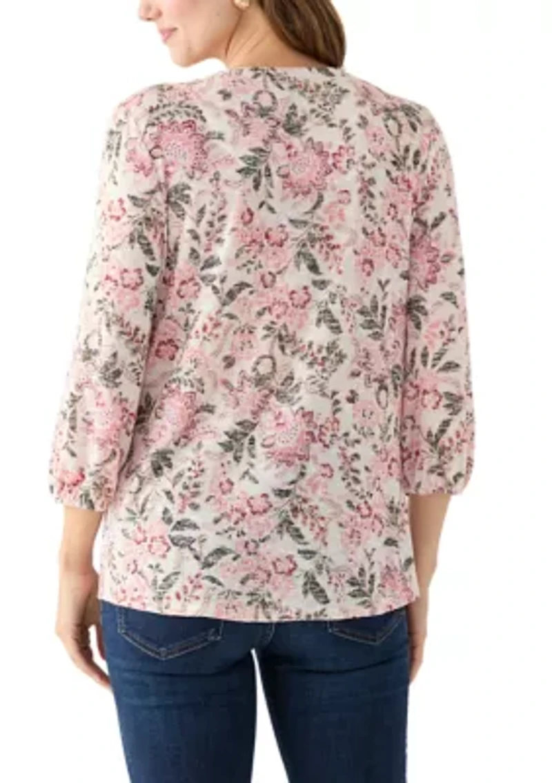 Women's 3/4 Sleeve Printed V-Neck Henley Shirt