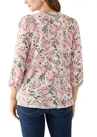 Women's 3/4 Sleeve Printed V-Neck Henley Shirt