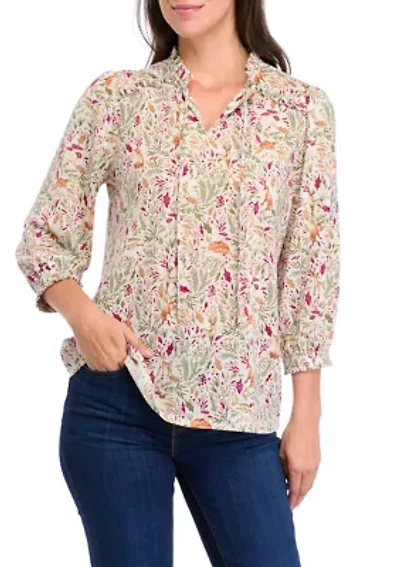 Women's Long Sleeve Printed Peasant Top