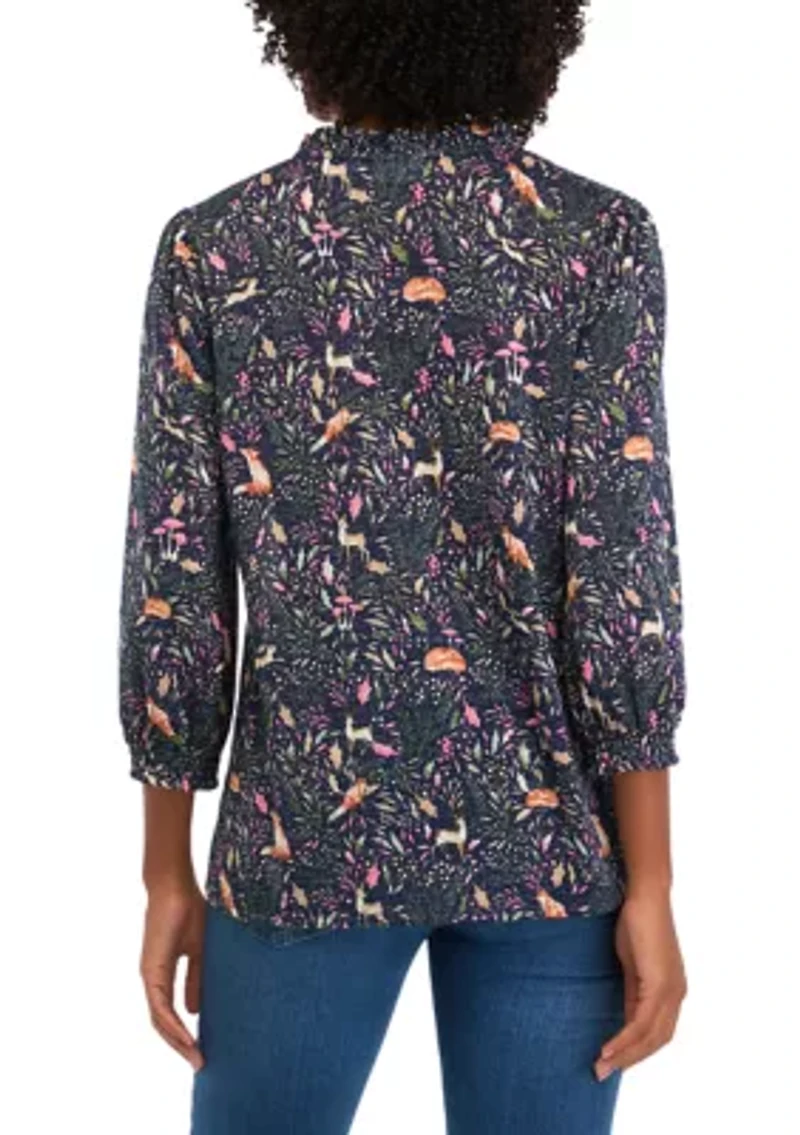 Women's 3/4 Sleeve Shine Hacci Print Peasant Blouse