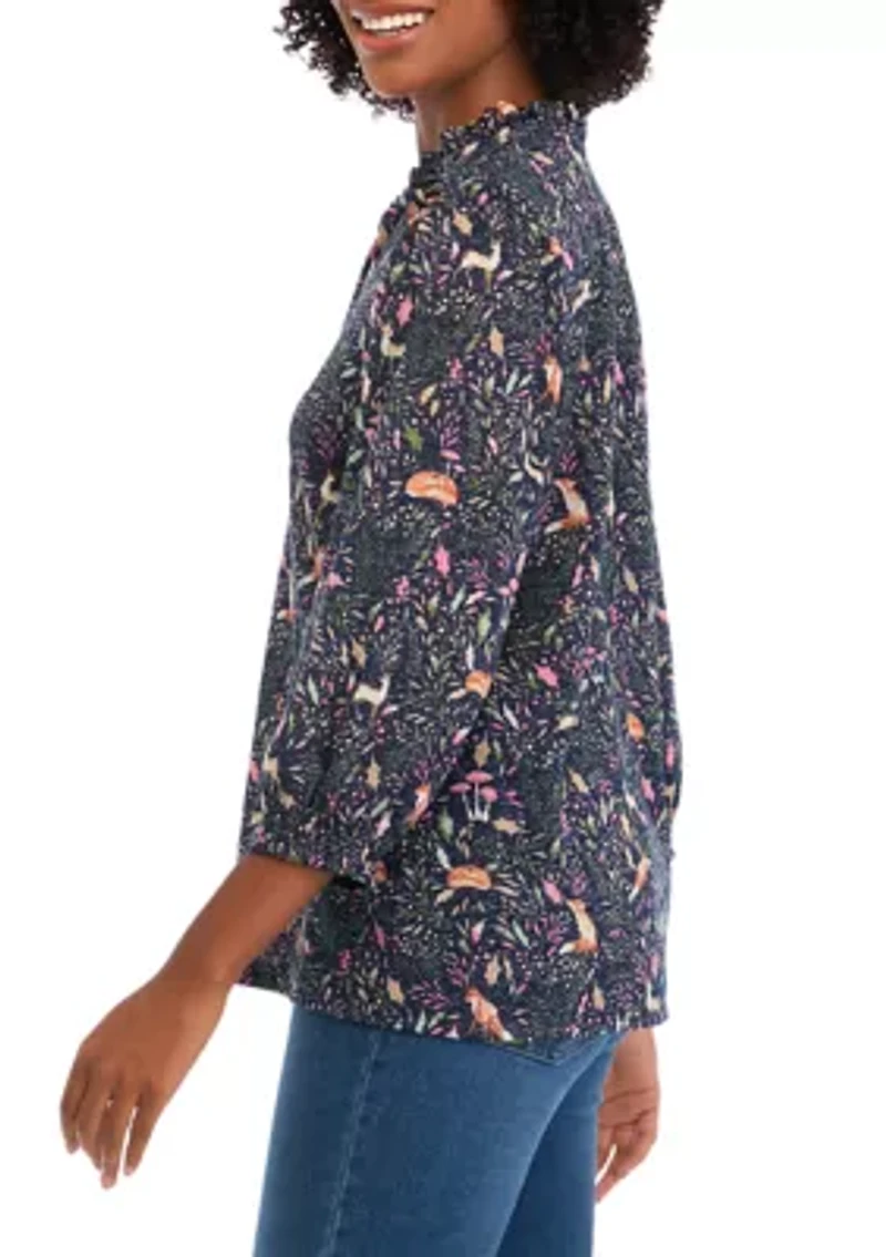 Women's 3/4 Sleeve Shine Hacci Print Peasant Blouse