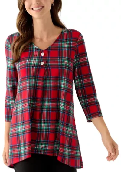 Women's 3/4 Sleeve Plaid Sharkbite  Hacci Top