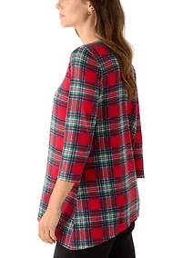 Women's 3/4 Sleeve Plaid Sharkbite  Hacci Top